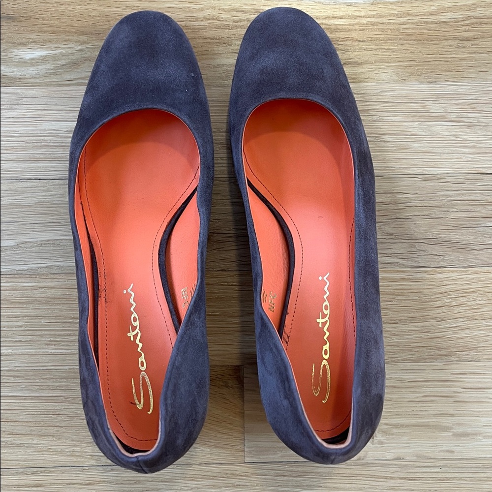 Santoni Dark Brown Suede Round-Toe Flats block heel size 7.5